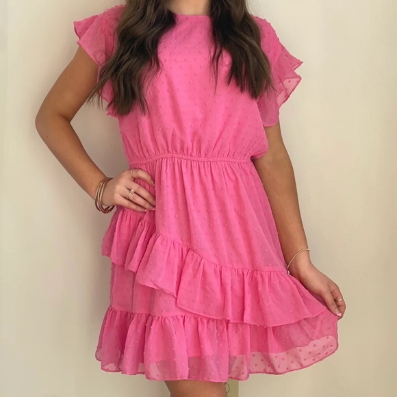 eesome Dresses & Skirts - Eesome Pink Tufted Dot Ruffle Mini Dress Small NWT